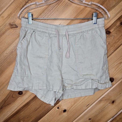Quitte Damen 100 % europäisches Leinen Shorts beige mittlere Taschen Kordelzüge