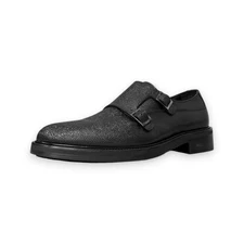 BOSS Larry Monk Strap Shoes Black Pebbled Leather 10M Rubber Sole MSRP $299