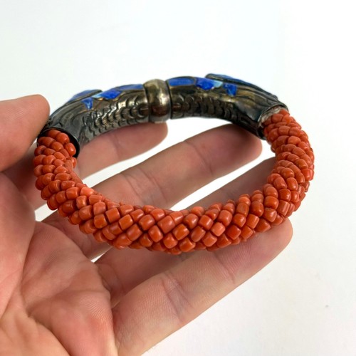 Antique Chinese Republic Period Silver Enamel Coral Beads Dragon Bangle Bracelet - Picture 7 of 12