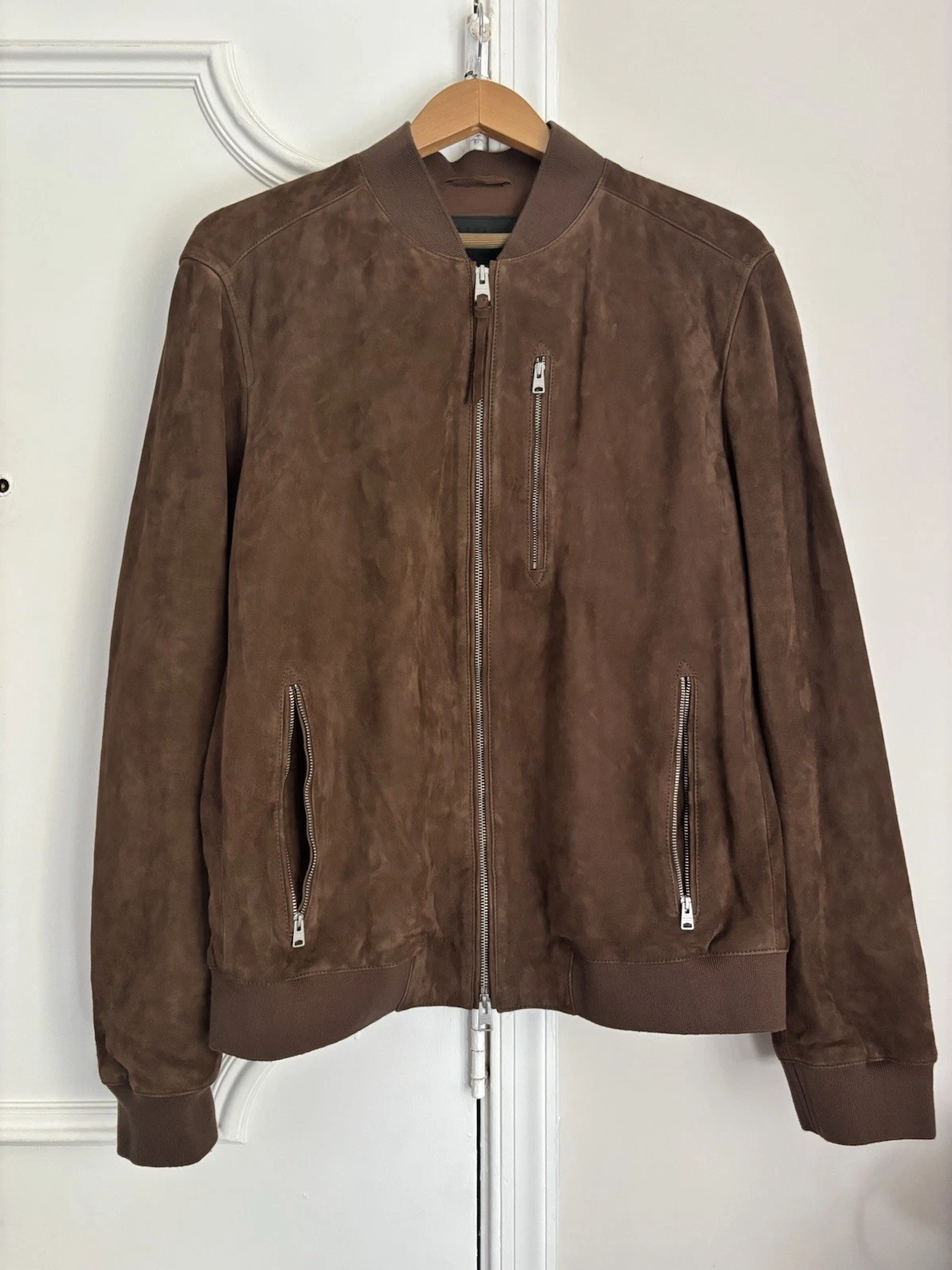 ALLSAINTS Kemble 2XL Suede Bomber Jacket Brown Full Zip Band Collar Solid image 3