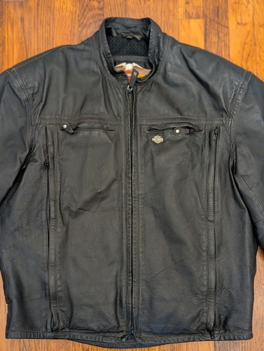 Harley Davidson Lederjacke geprägtes Logo Reißverschlussschlitze Vintage - Large - Bild 7 von 10