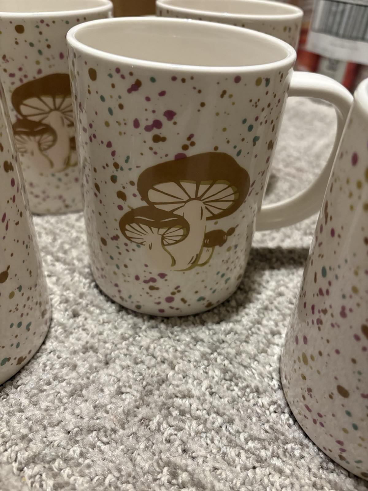 Set of 6 Ceramic Coffee Mugs White Brown Mushroom Nature Pri