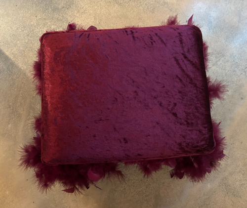 OOAK BORDELLO VELVET OSTRICH FEATHER OTTOMAN Burgundy Crushed Velveteen Pouf - Picture 7 of 9