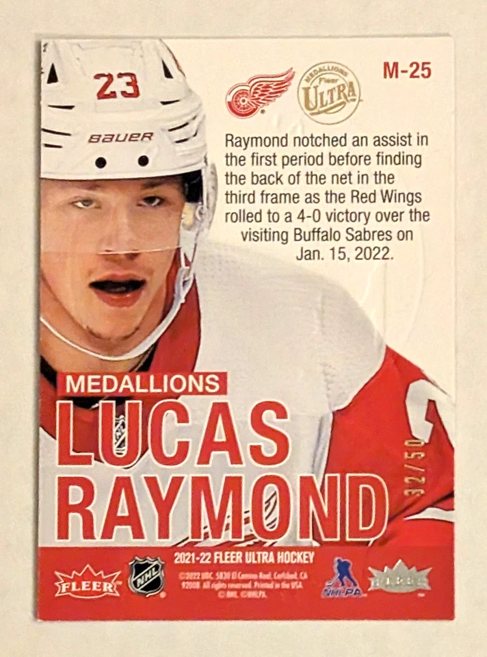 Lucas Raymond 2021-22 Upper Deck Fleer Ultra Medallions Ruby Red Rookie 32/50 - Image 2 of 2