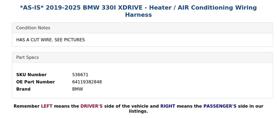 *TAL CUAL* BMW 330I XDRIVE 2019-2025 - Arnés de cableado de calefacción/aire acondicionado Foto 4 de 4