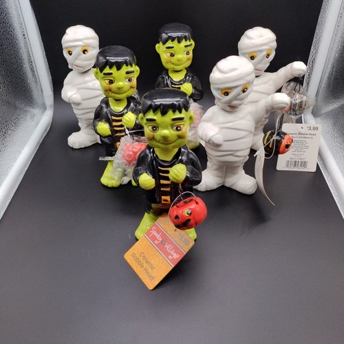 Menge 6 Frankenstein und Mumie Halloween Keramik Wackelköpfe 6,25" Neu mit Etikett - Bild 2 von 11