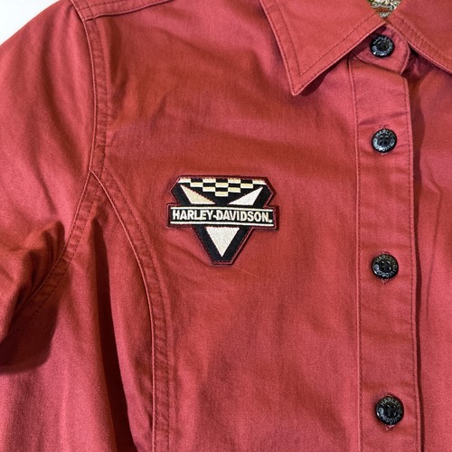 HARLEY DAVIDSON Women’s Embroidered Dark Red Cotton Blend Button Up Shirt sz S - Picture 2 of 11