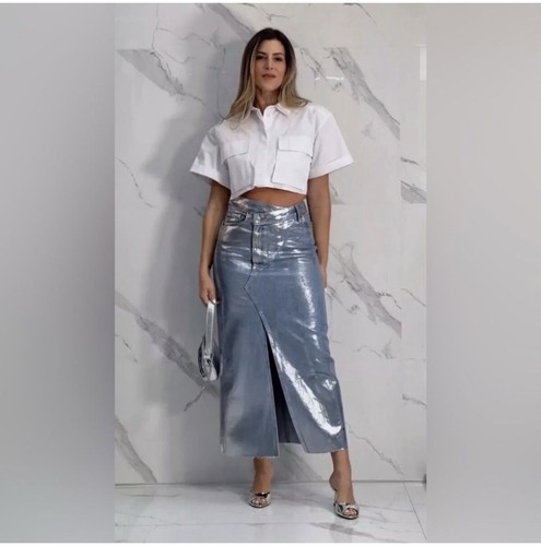 Falda Zara TRF Denim Midi Pequeña Metálica Jean Hendidura Y2K Cyberpunk Streetwear Chic - Imagen 1 de 12