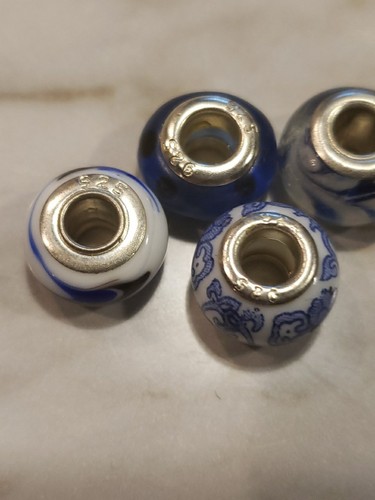 925 Sterling Silber Glasperlen Charms 4 Stück Lampwork Murano Stil Blau - Bild 6 von 7