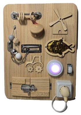 Busy Board für Sensorik & Motorik aus Holz nach Montessori 40x30x1,5cm