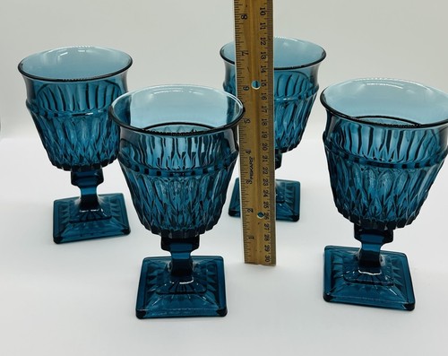 Indiana Glass Mt. Vernon Blue Square Goblets. Set Of 4. Pre Owned - Picture 4 of 5
