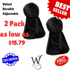 1-2 Pcs Black Velvet Durag Men Unisex Long Tail Soft Durag Headwrap 360 Wave Cap