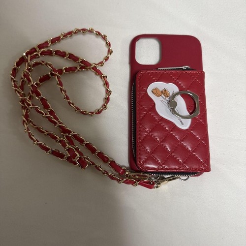 iPhone 11 Red Quilted Case Card Pocket Chain Strap Ring Holder Stylish Cover