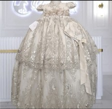 Bantiza Brosa White Silver Lace Satin Flower Girl First Communion Dress