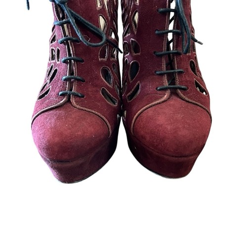 Valentino Garavani Burgundy Suede Cutout Platform High Heel Booties EU 39 US 9 - Picture 5 of 11