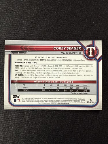 Corey Seager 2022 Bowman Chrome Sapphire Purple /25 #3 - Picture 3 of 3