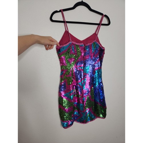 Vintage 80s 90s Silk Sequence Beaded Dress Mini Midi Prom Art Abstract All Over - Picture 6 of 9
