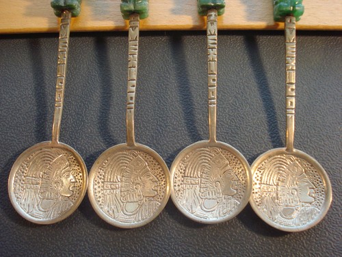 4 grüne Jade Maya Sterlingsilber Skulptur Demitasse Löffel Mexiko Kalender - Bild 5 von 9