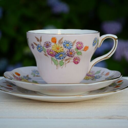 EB Foley 1950s Pale Pink &amp; Floral Tea Trio - Cup, Saucer, Side Plate