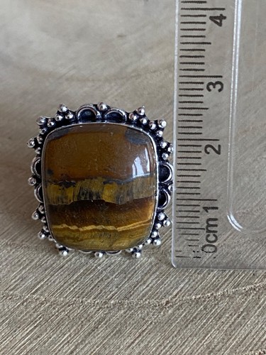 Square Tiger’s Eye Ring Size T 1/2 Sterling Silver 925 Plated Boho Vintage Style - Picture 3 of 5