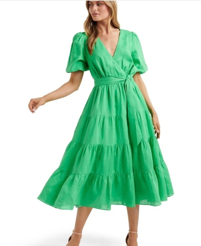 FOREVER NEW Mara Tiered Wrap Linen Dress Womens Sz 4 Chlorophyll Green BNWT