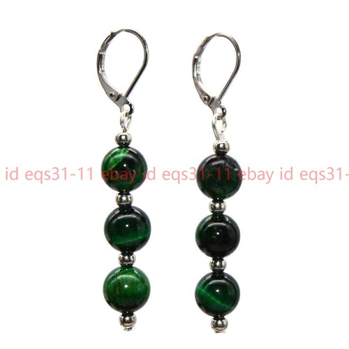 Natural 6/8/10/12mm Green Tigers Eye Gems Round Beads Dangle Leverback Earrings - Picture 1 of 12