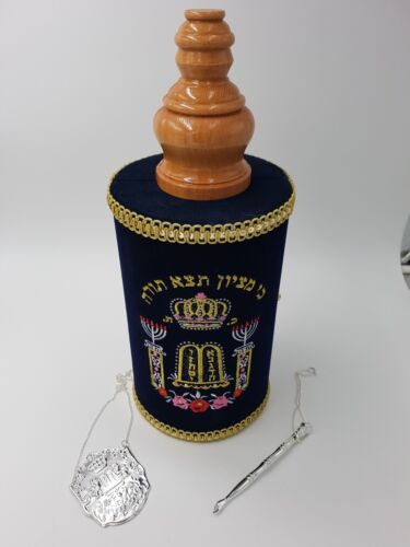 Big Judaica Sefer Torah & custodia scudo puntatore Yad Israel 18" Bibbia libro pergamena - Foto 3 di 15