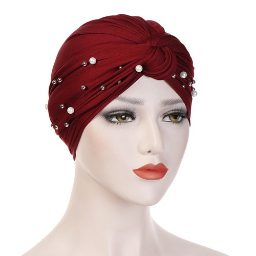 Women's Turban Hat Beaded Pearls Muslim Wrap Cover Chemo Cap Elastic Bandanna - Picture 20 of 21