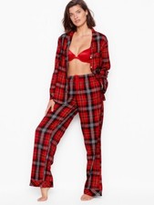 Victorias Secret Shimmer Cotton Flannel long sleeve Pajama Set RED BLACK plaidXS
