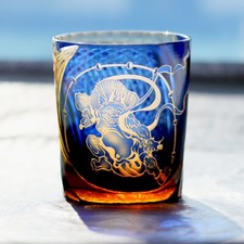 Japanese Style Whisky Glass Tumbler Edo Kiriko Glass Hand Cut To Clear 9oz Blue