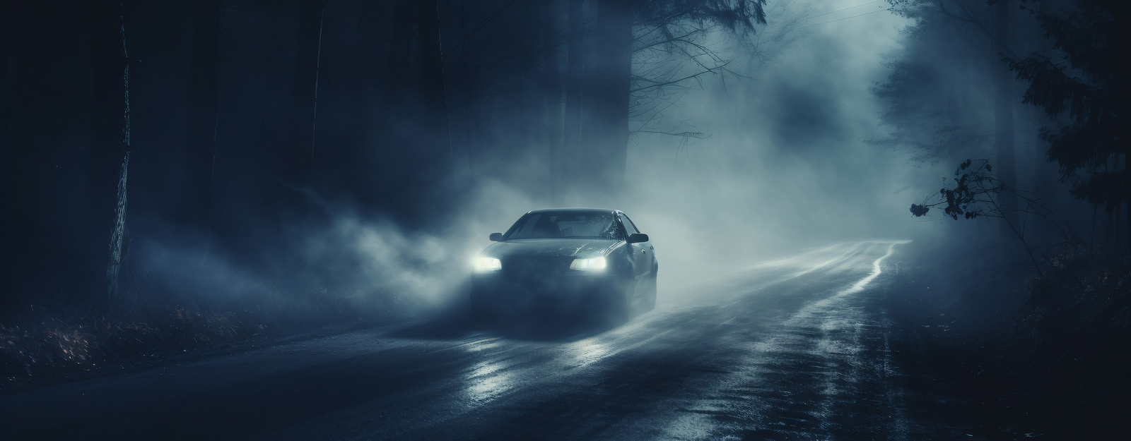 Ein Auto mit eingeschalteten Nebelscheinwerfern, das im Dunkeln durch einen nebligen Wald fährt