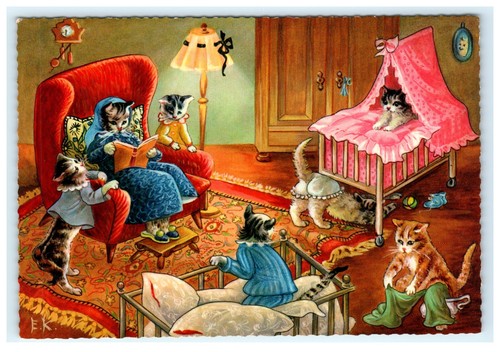 Lot von 5 antropormphischen Katzen Postkarten signiert E.K. Künstler - Bild 3 von 10