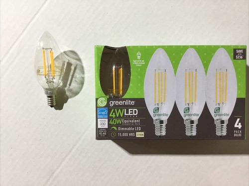 greenlite 40w LED 4w DIMMABLE Candelabra 4-Pack Light Bulb Chandelier 2700K B10 - Picture 1 of 6