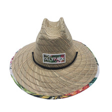 NWOT OLLYPARK Lifeguard Straw Sun Summer HAT UPF50 Size M Tropical Print Trim