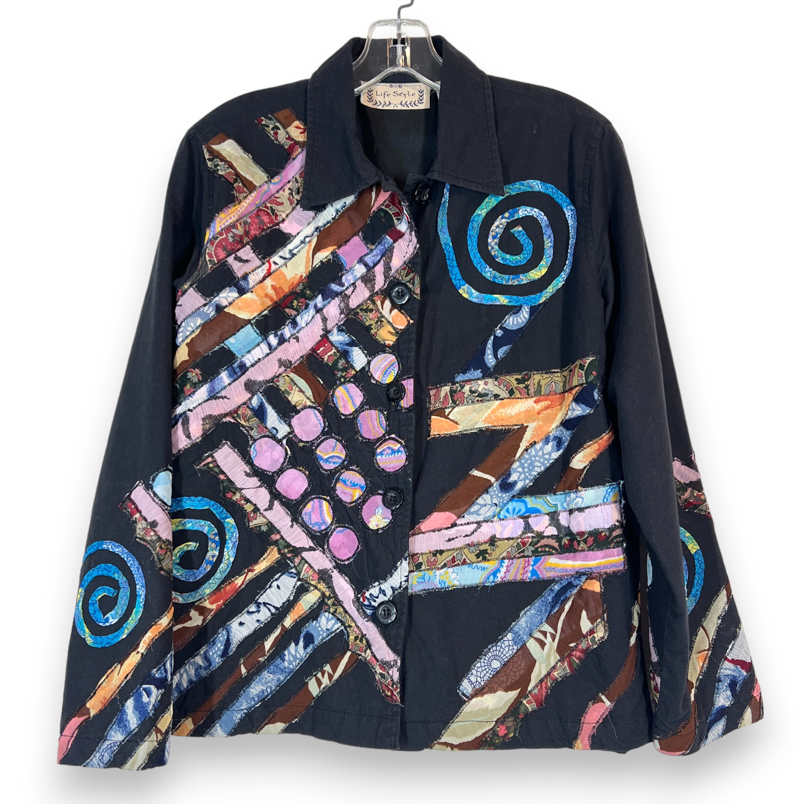 Patchwork Jacket Small Retro Embroidered Black Co… - image 8