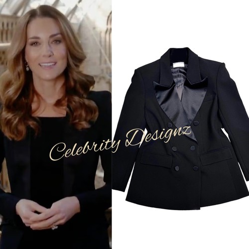 Kate Middleton Inspired Black Satin Padded Shoulder Lapel Tuxedo Jacket