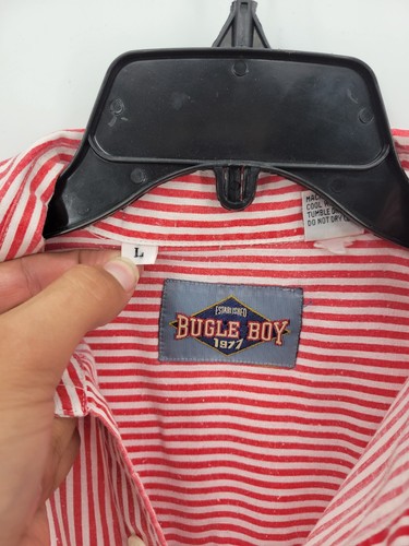 Vintage Bugle Boy Shirt Mens Large Red White Stripe Pocket Logo Short Sleeve Y2K - Picture 3 of 9