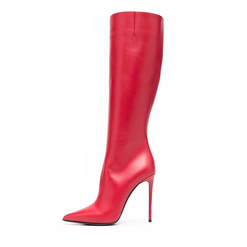 Stilvolle kniehohe Damenstiefel spitz zulaufend dünne hohe Absätze Leder durchgehender Reißverschluss Schuhe - Bild 9 von 27