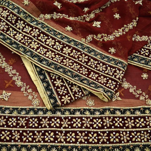 Vintage Heavy Maroon Dupatta Pure Chiffon Silk Long Stole Hand Embroidered Veil - Picture 2 of 16