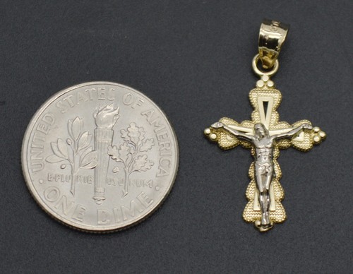 Real 10K Solid Yellow White Gold Two-Tone Charm Jesus Crucifix Pendant - Picture 3 of 5
