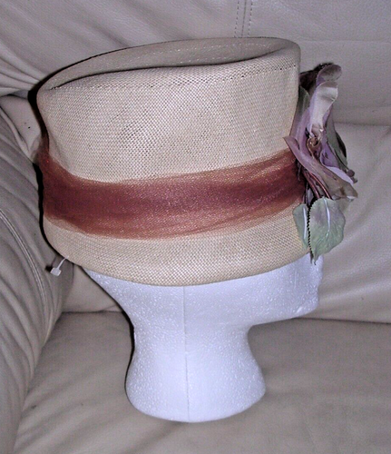 Vintage Box Hat Tan Chiffon Flower Brown Sash Union Made USA Medium Women's - Picture 4 of 12
