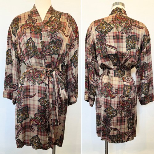 90s Victoria’s Secret Silk Plaid Paisley Print Vintage Robe Dressing Gown Kimono - Picture 1 of 10