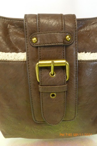 APT 9 Brown TEXTURED Faux Leather SHEARLING FUR TRIM Crossbody SHOULDER BAG - Picture 2 of 9