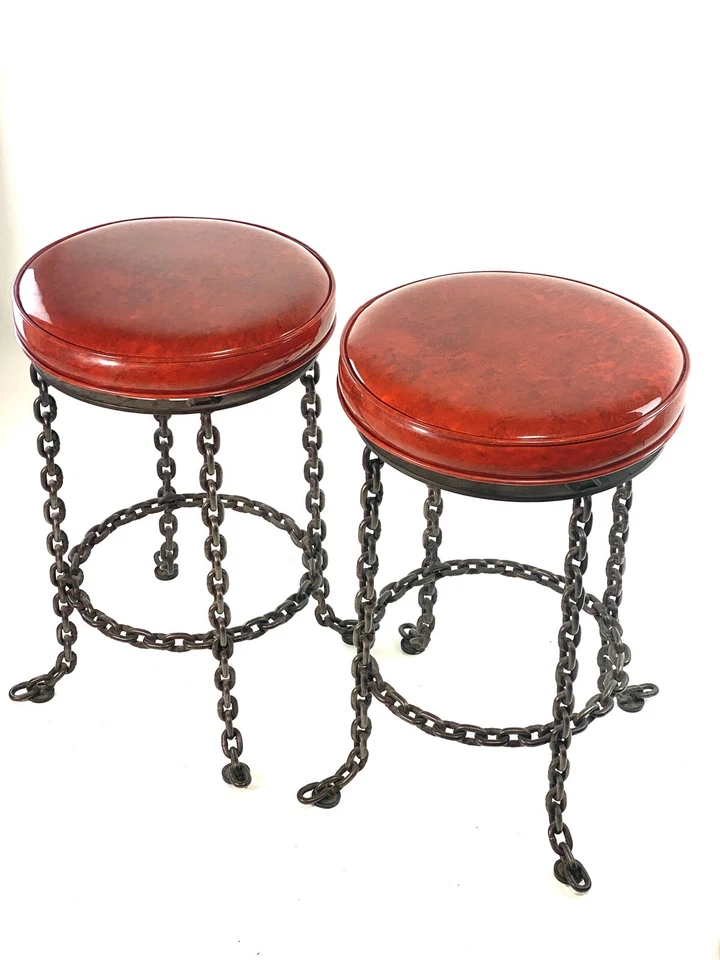 MCM Vintage 2 Taburetes de Bar Vinilo Industrial Brutalista Forjado Eslabón Giratorio Foto 4 de 4