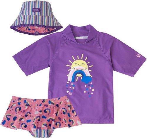 UV Skinz Girls 3PC Swim Set Graphic Tee/Skirt/Hat UPF 50+ Purple~12/18M NWT - Picture 11 of 12