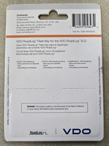 VDO RoadLog Fleet Key for the VDO Road Log ELD ~ New in the Sealed Package - Picture 2 of 2
