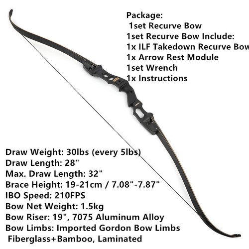 62" ILF Recurve Bow 30-60lbs Takedown 19" Riser American Hunting Archery 210FPS - Picture 8 of 25