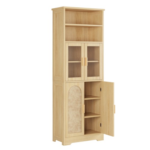 6 Layers with Rattan Surface Display Cabinet Original Wood Color 60*30*170cm US - Picture 2 of 7