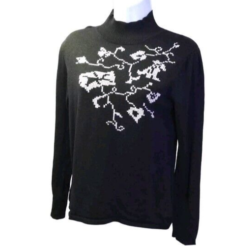 NINE & CO. Women's Small Black NWOT Floral White Accent Mock Neck Sweater - Picture 2 of 8