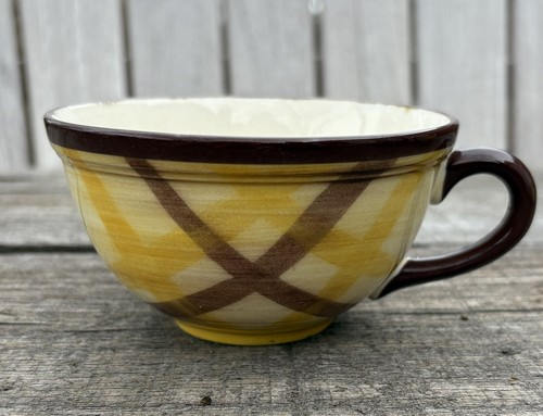 4-Vernonware Kilns ORGANDIE MCM Coffee TEACUPS Yellow Brown Plaid MADE IN USA - Picture 6 of 11